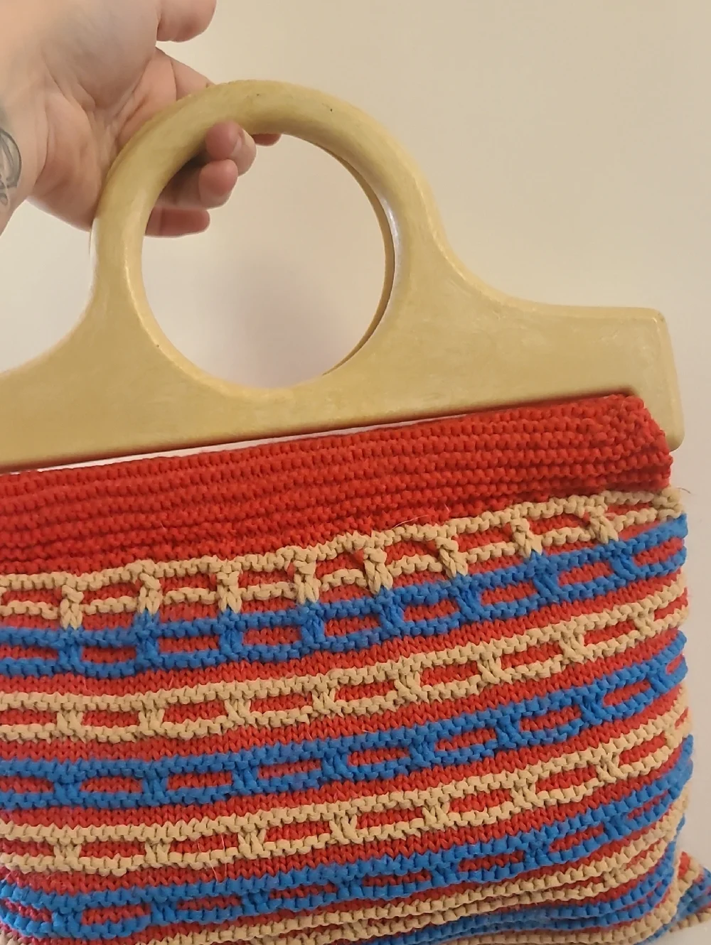 Handmade Crochet Tote Bag with Wooden Handles - Red, Blue & Cream - Picture 1 of 3